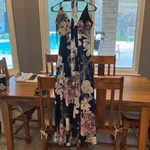 Hello molly satin long criss cross back, blue dress with floral detail.